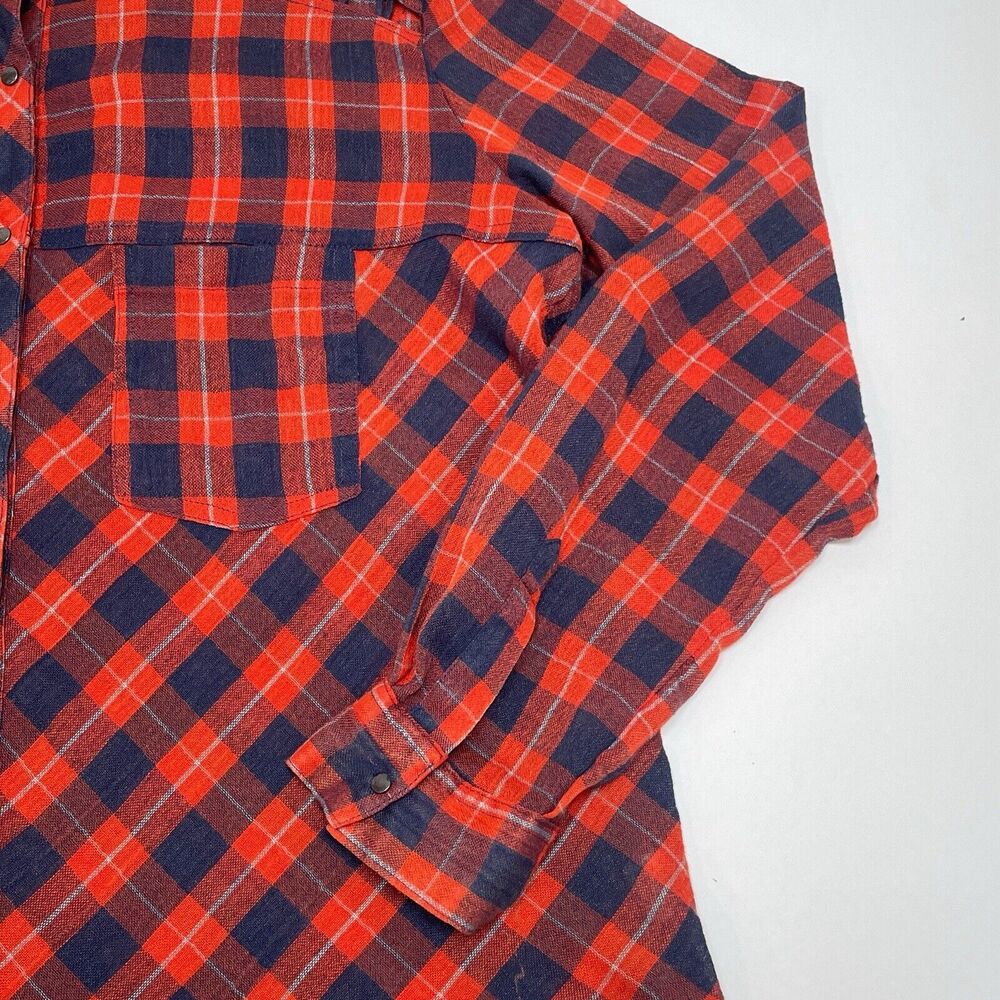 Free People Top Medium Orange Blue Plaid Snap‎ Button Front Relaxed Sheer Hi Low - Picture 3 of 10